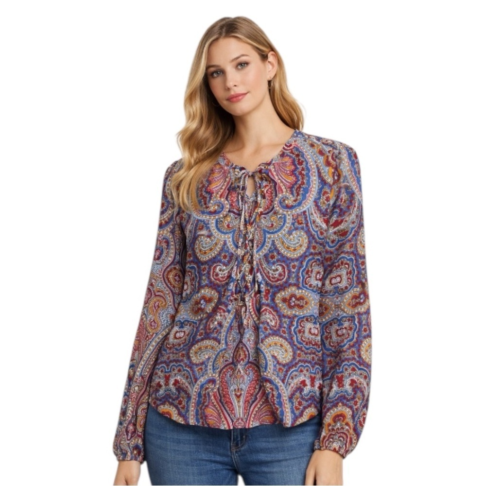 INC Paisley Print Blouse Size 2 Blue Red Boho Lace Up Top